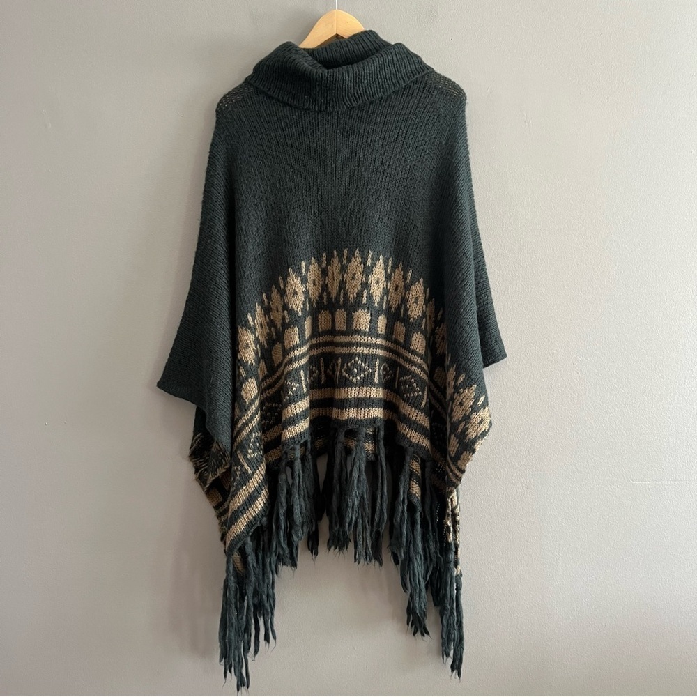 Wooden Ships Cowl Neck Poncho Sweater Womens Mohair Wool Blend Fringe Black X/S